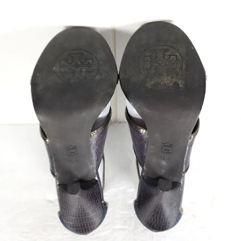 Tory Burch Women's US 10M Blue Canvas Leather Animal Print Cut-Out Heeled Sandal